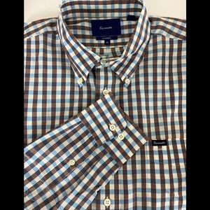FACONNABLE Classique Button Down Shirt Mens XL Blue/Brown Check Long Sleeve